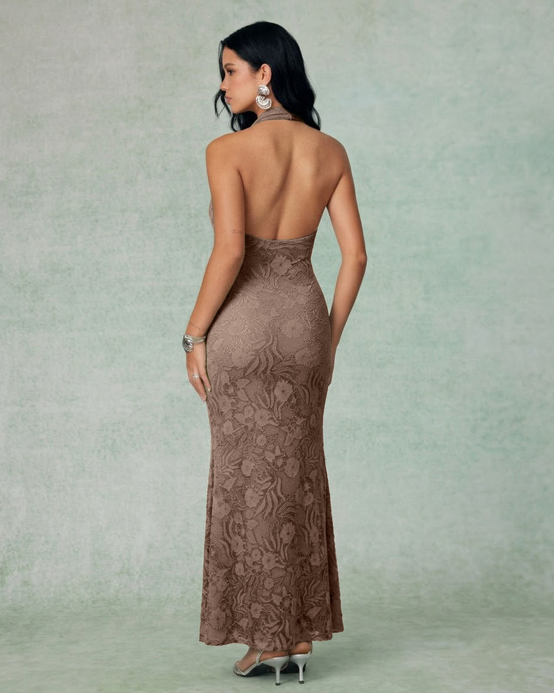Bonus Cloth's Floral Jacquard Halter Neck Ruched Mermaid Midi Dress in Brown