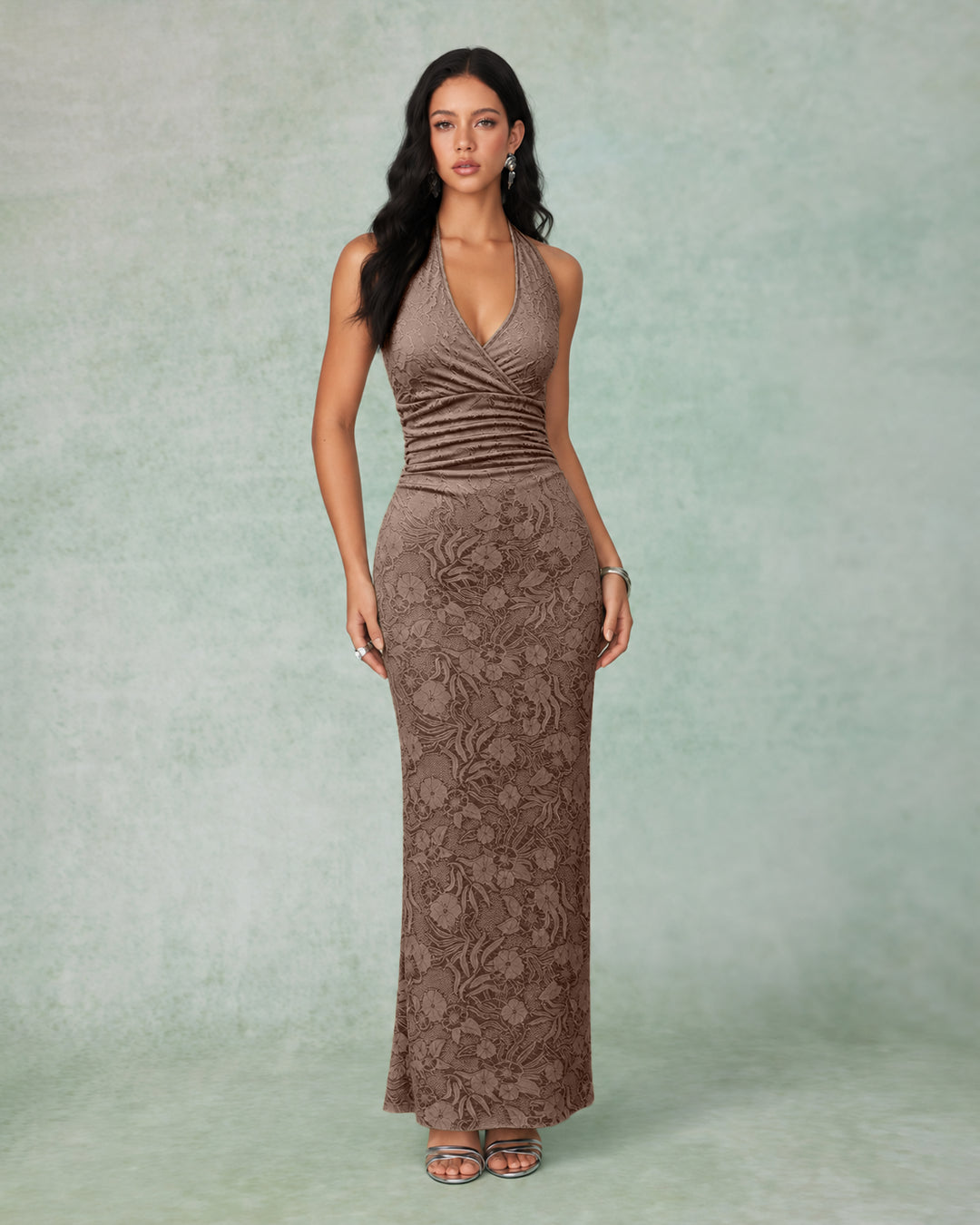 Bonus Cloth's Floral Jacquard Halter Neck Ruched Mermaid Midi Dress in Brown