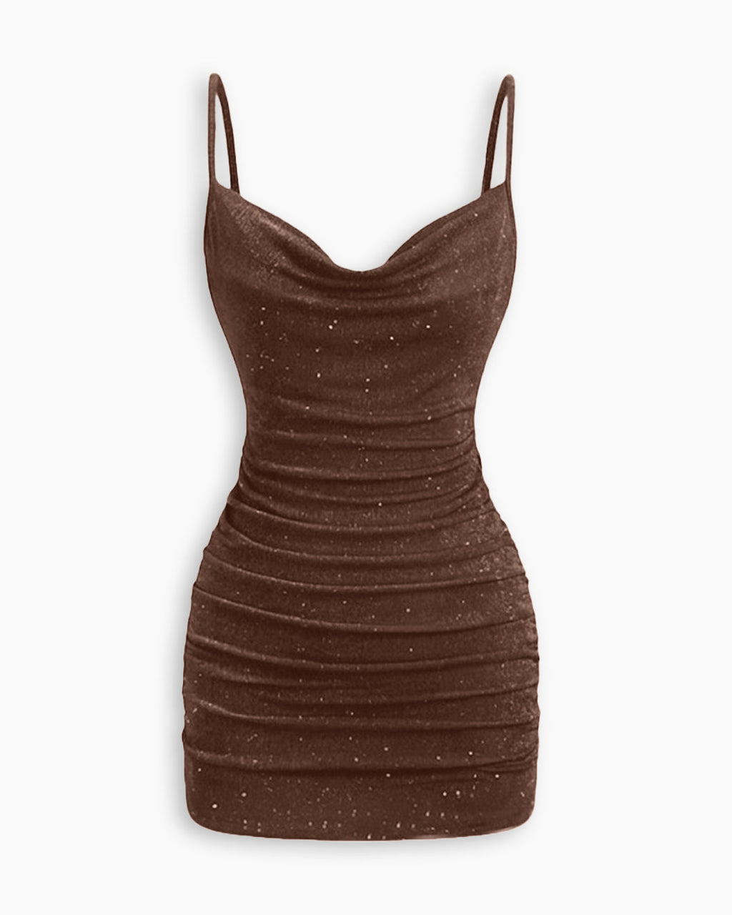 Ruched Cowl Neck Glitter Mini Dress  Description in Cocoa Brown