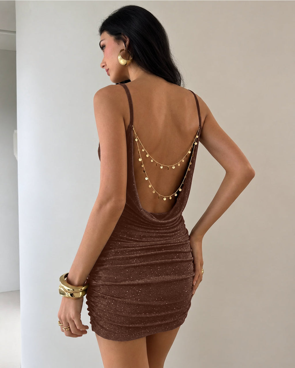 Ruched Cowl Neck Glitter Mini Dress  Description in Cocoa Brown