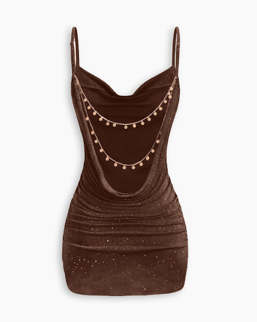 Ruched Cowl Neck Glitter Mini Dress  Description in Cocoa Brown