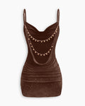 Ruched Cowl Neck Glitter Mini Dress  Description in Cocoa Brown