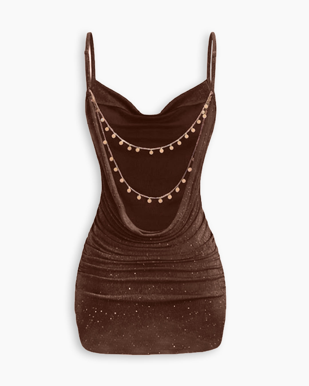 Ruched Cowl Neck Glitter Mini Dress  Description in Cocoa Brown