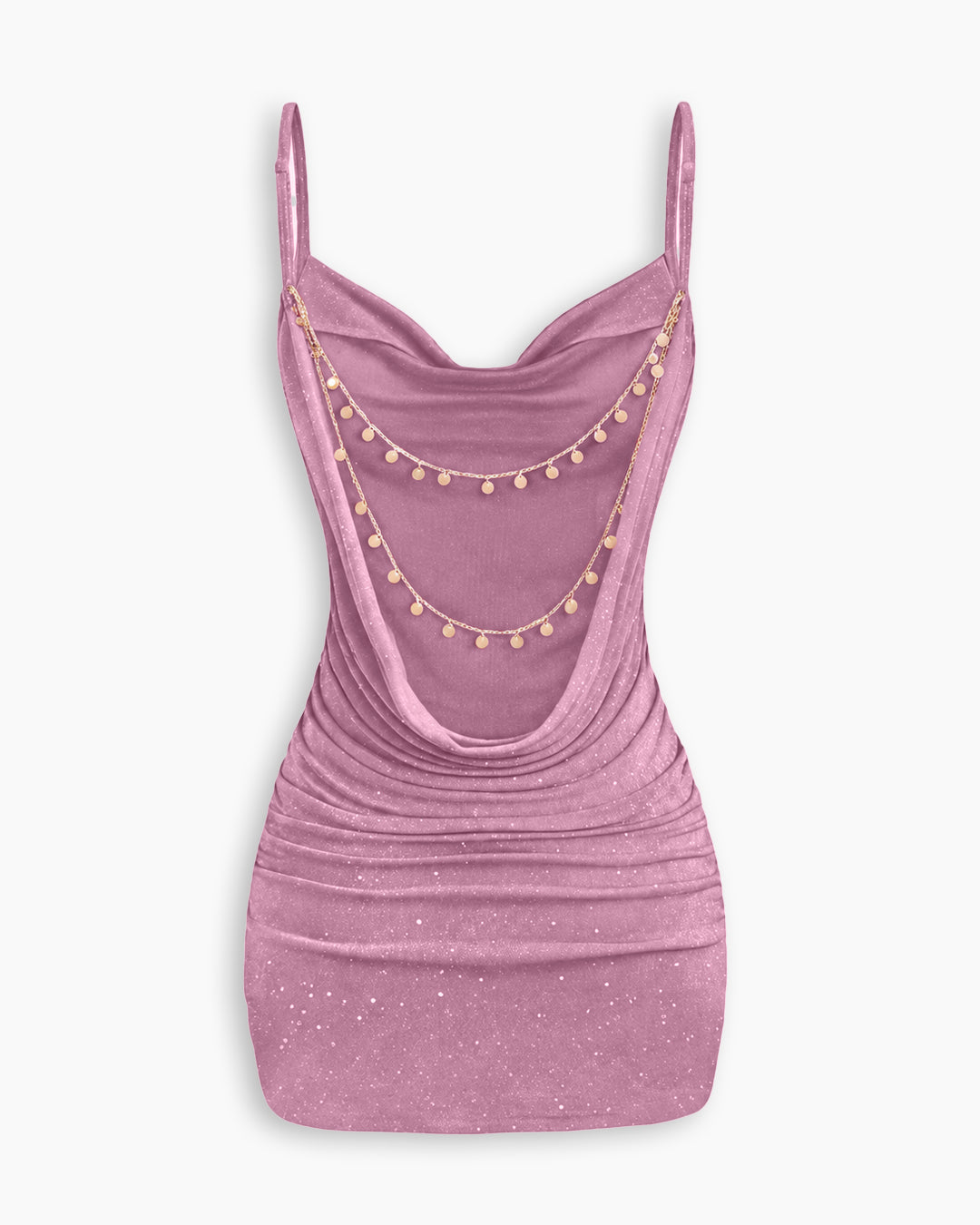 Ruched Cowl Neck Glitter Mini Dress  Description in Lilac