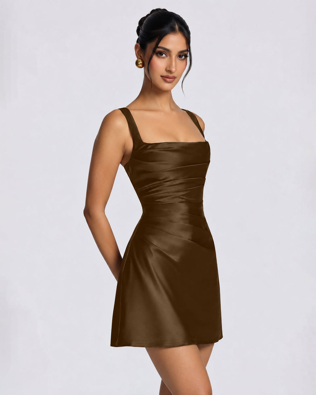 Square Neck Ruched Satin Fit and Flare Mini Dress in Chocolate Brown
