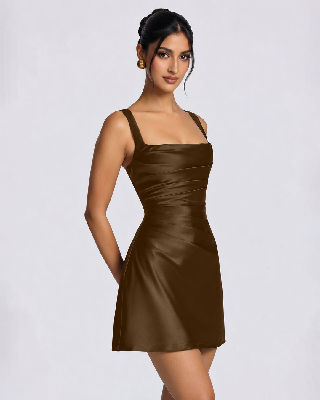 Square Neck Ruched Satin Fit and Flare Mini Dress in Chocolate Brown