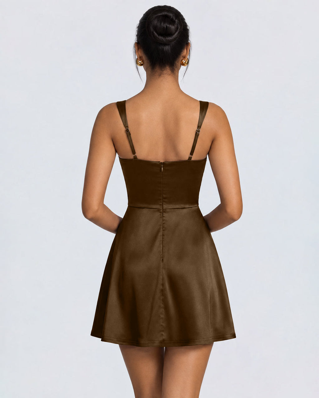 Square Neck Ruched Satin Fit and Flare Mini Dress in Chocolate Brown