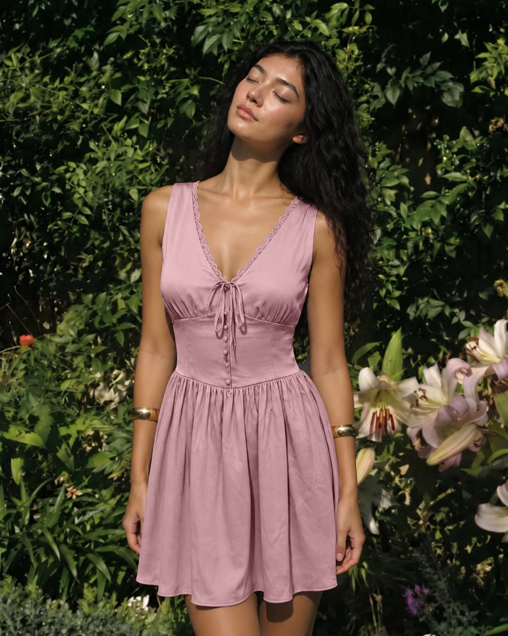 V Neck Tie Front Button Detail Fit and Flare Mini Dress in Baby Pink