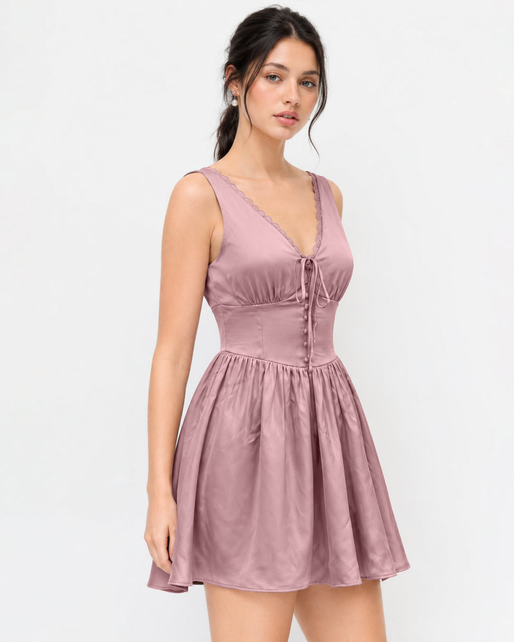 V Neck Tie Front Button Detail Fit and Flare Mini Dress in Baby Pink