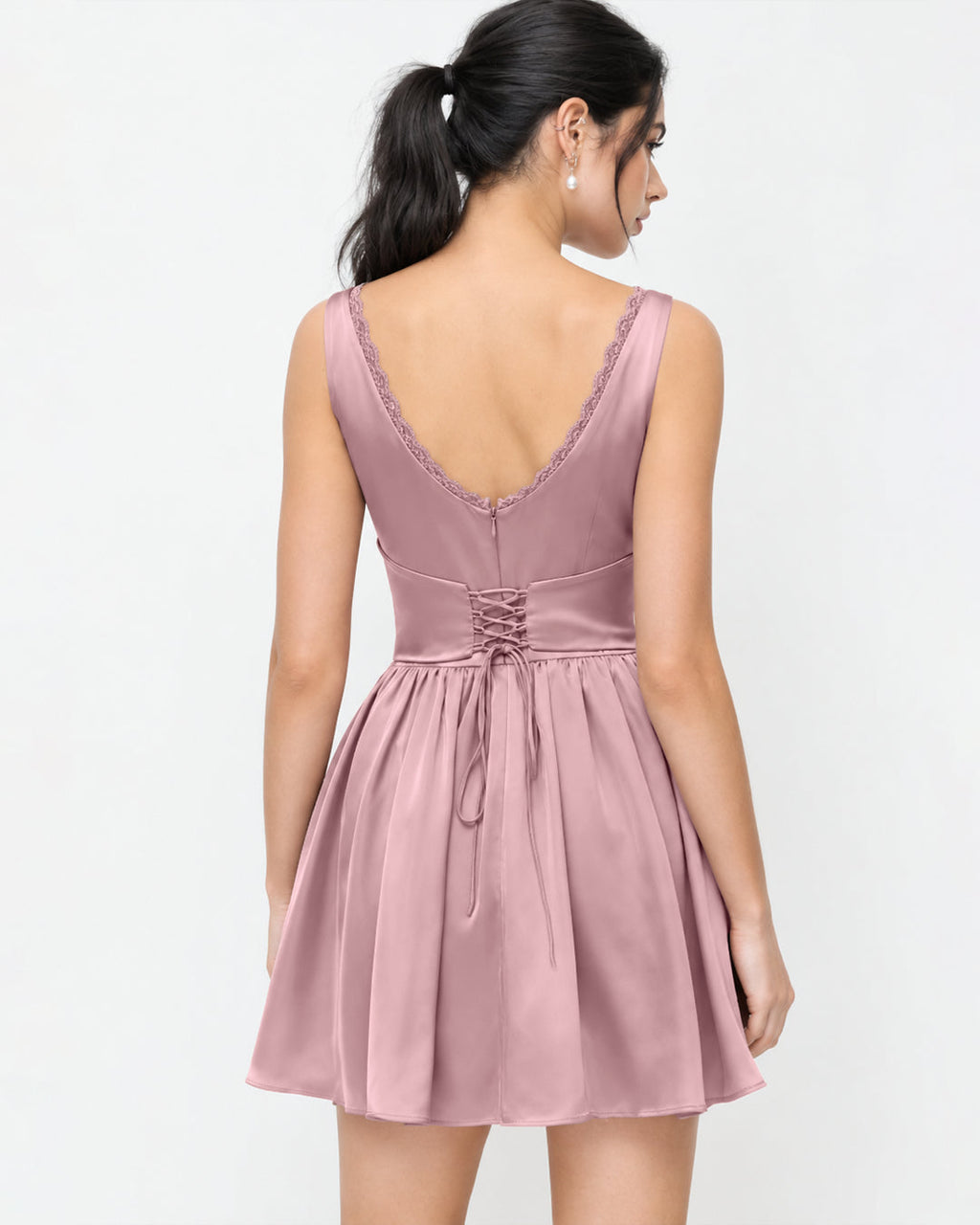 V Neck Tie Front Button Detail Fit and Flare Mini Dress in Baby Pink