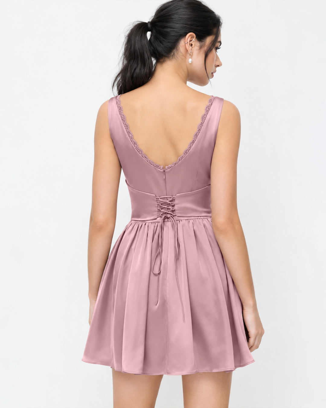 V Neck Tie Front Button Detail Fit and Flare Mini Dress in Baby Pink