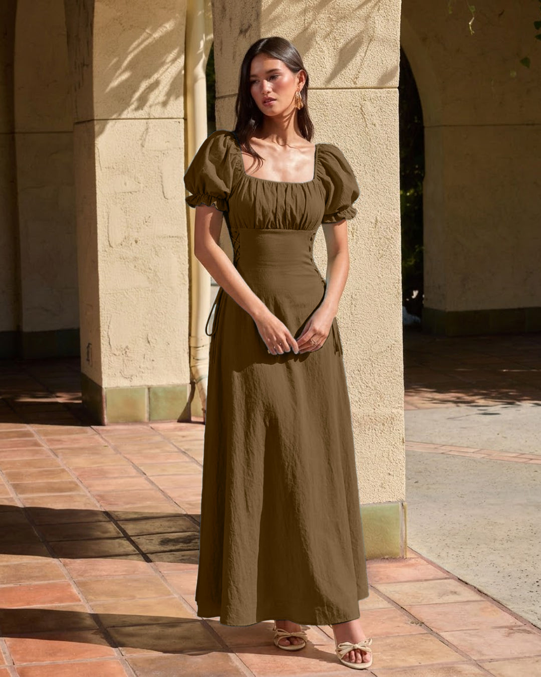 Square Neck Puff Sleeve Lace Up A-Line Midi Dress in Coffee Brown
