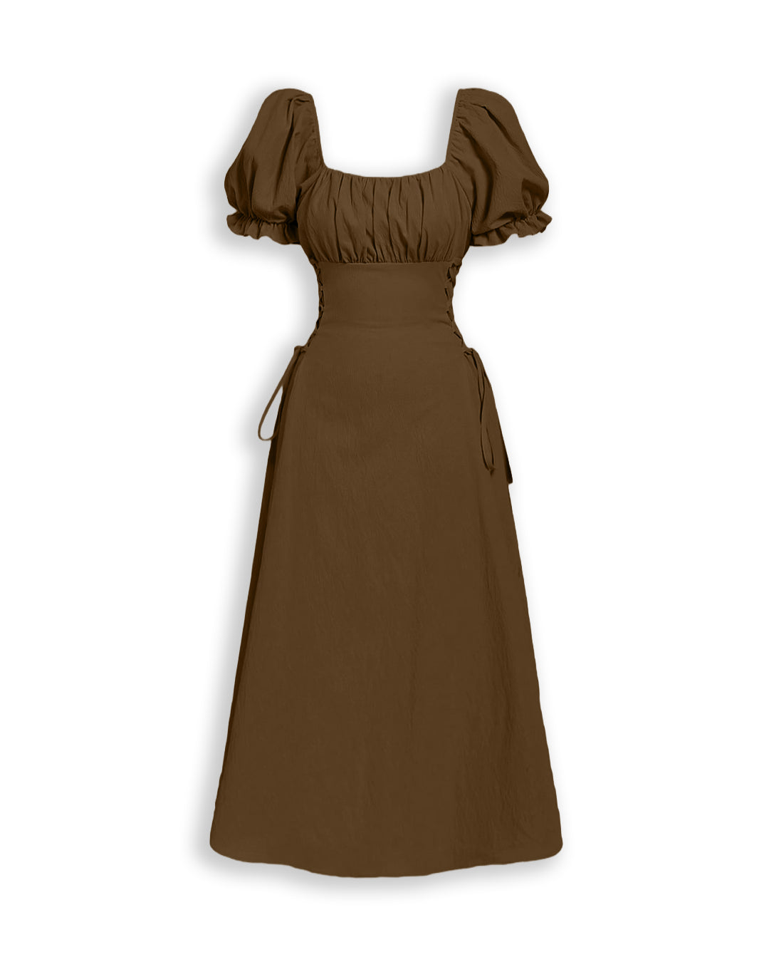 Square Neck Puff Sleeve Lace Up A-Line Midi Dress in Coffee Brown