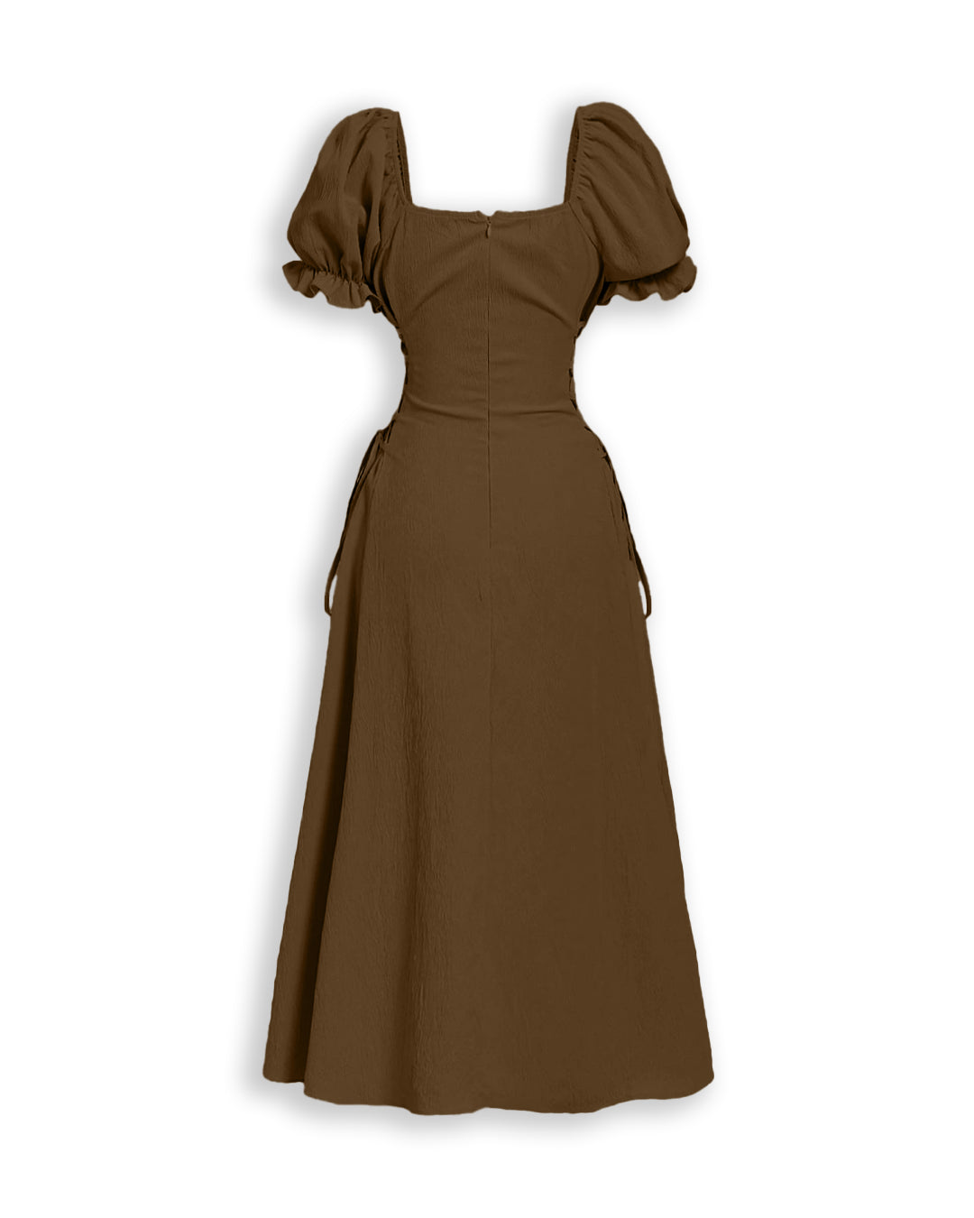Square Neck Puff Sleeve Lace Up A-Line Midi Dress in Coffee Brown