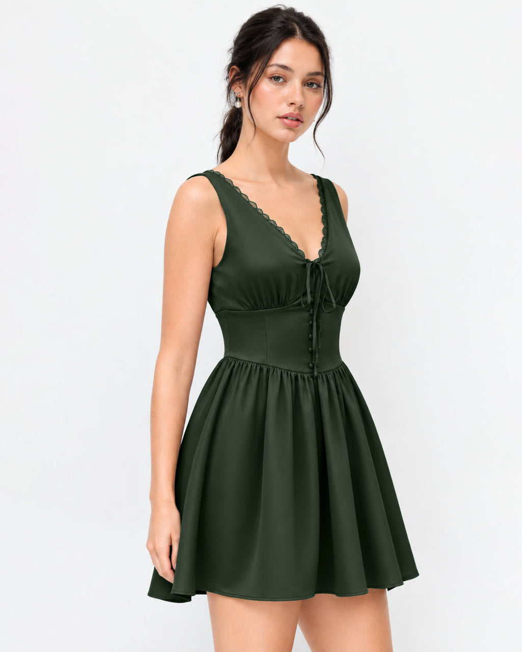 V Neck Tie Front Button Detail Fit and Flare Mini Dress in Dark Green