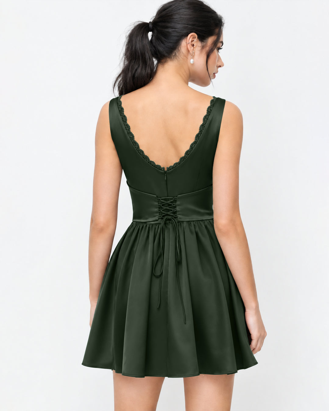 V Neck Tie Front Button Detail Fit and Flare Mini Dress in Dark Green