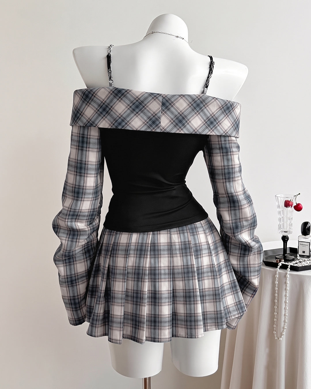 Off Shoulder Plaid Long Sleeve Fit and Flare Mini Dress in Classic Black and Pageant Blue
