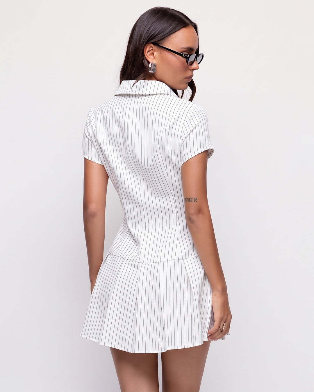 Pinstripe Zip Front Fitted Dress in Classic White