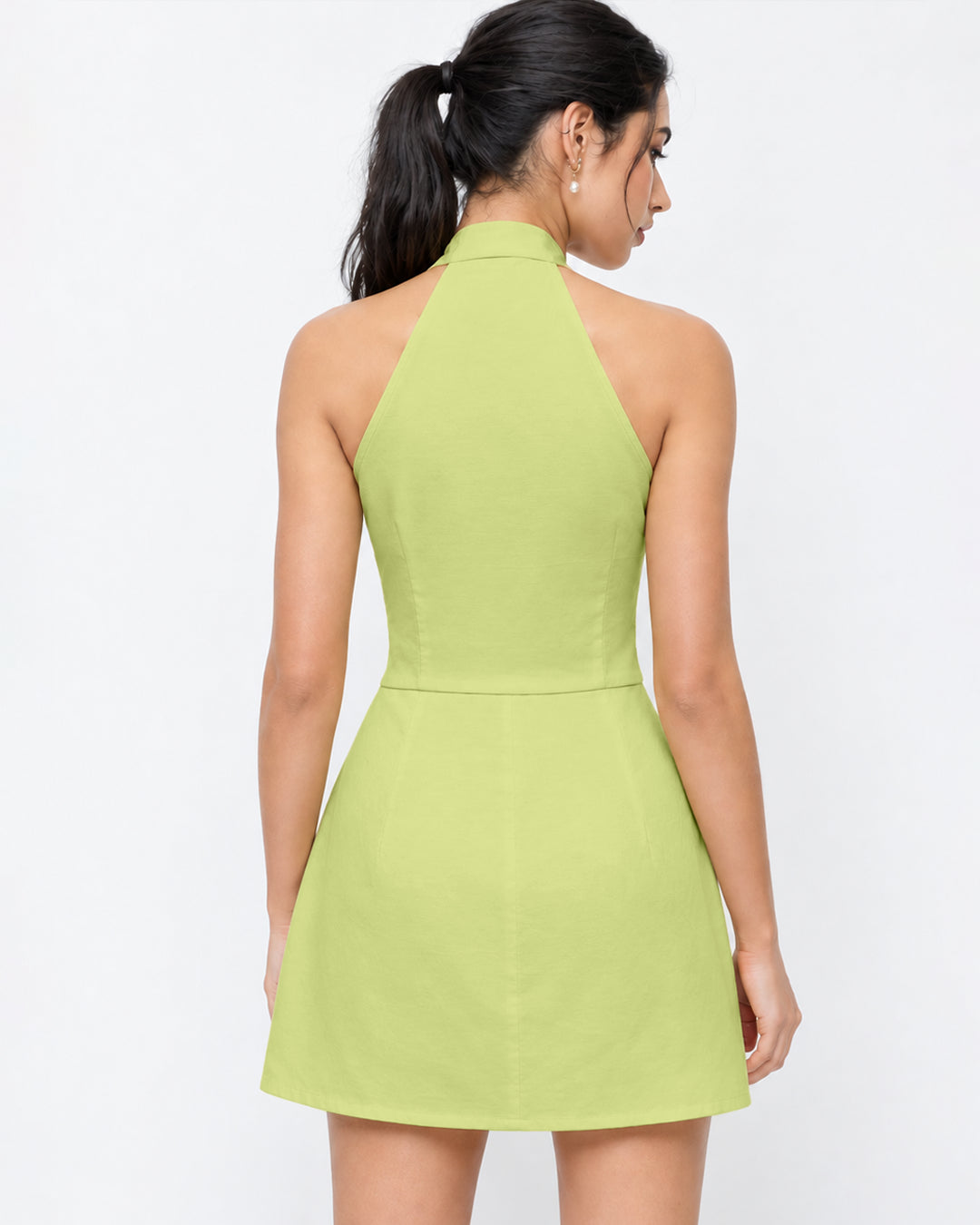 Collared Halter Neck Bow Tie Mini Dress in Vanilla
