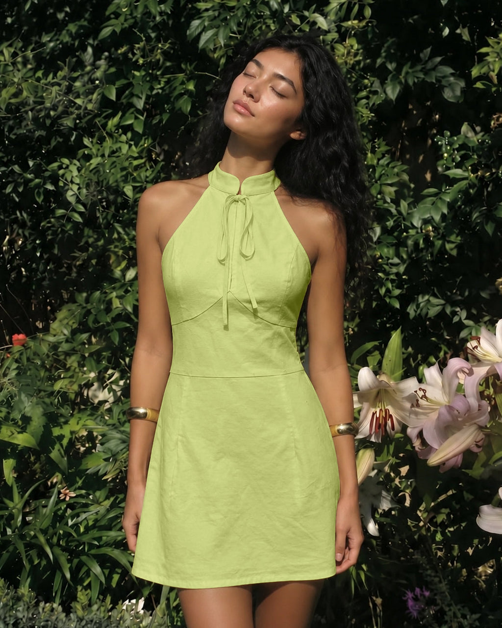 Collared Halter Neck Bow Tie Mini Dress in Vanilla