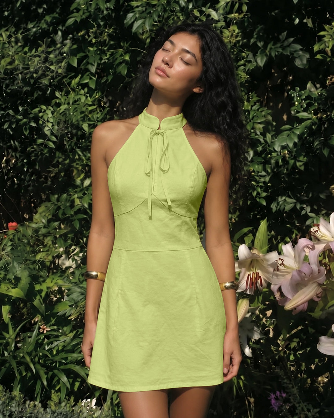 Collared Halter Neck Bow Tie Mini Dress in Vanilla