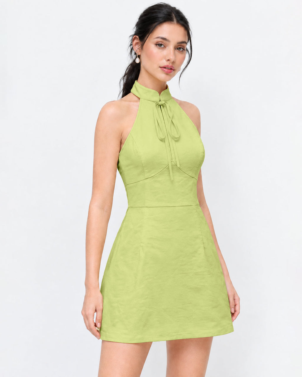 Collared Halter Neck Bow Tie Mini Dress in Vanilla