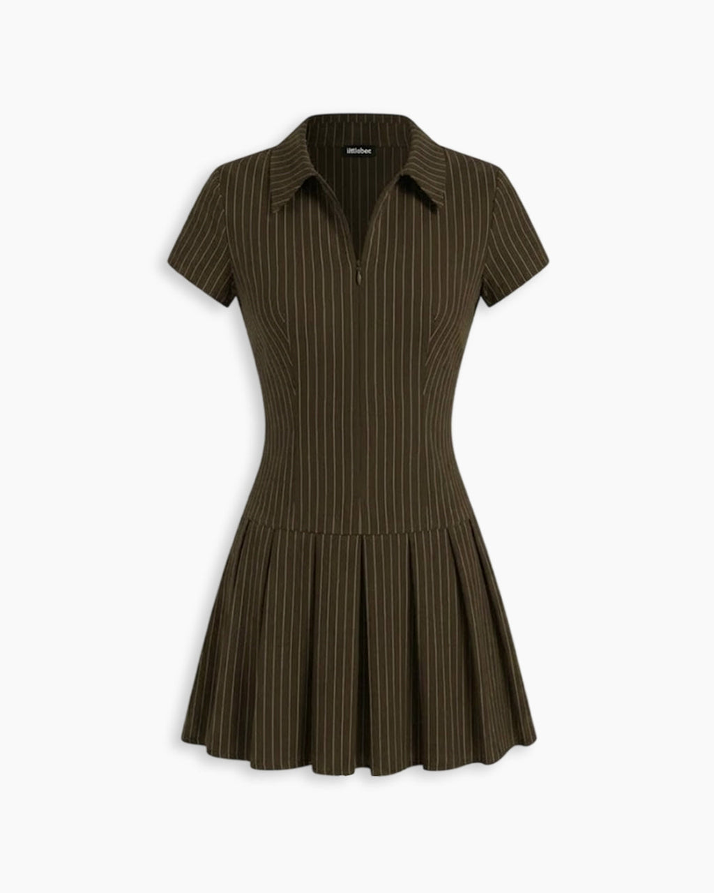Pinstripe Zip Front Fitted Dress in Brown