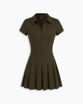 Pinstripe Zip Front Fitted Dress in Brown