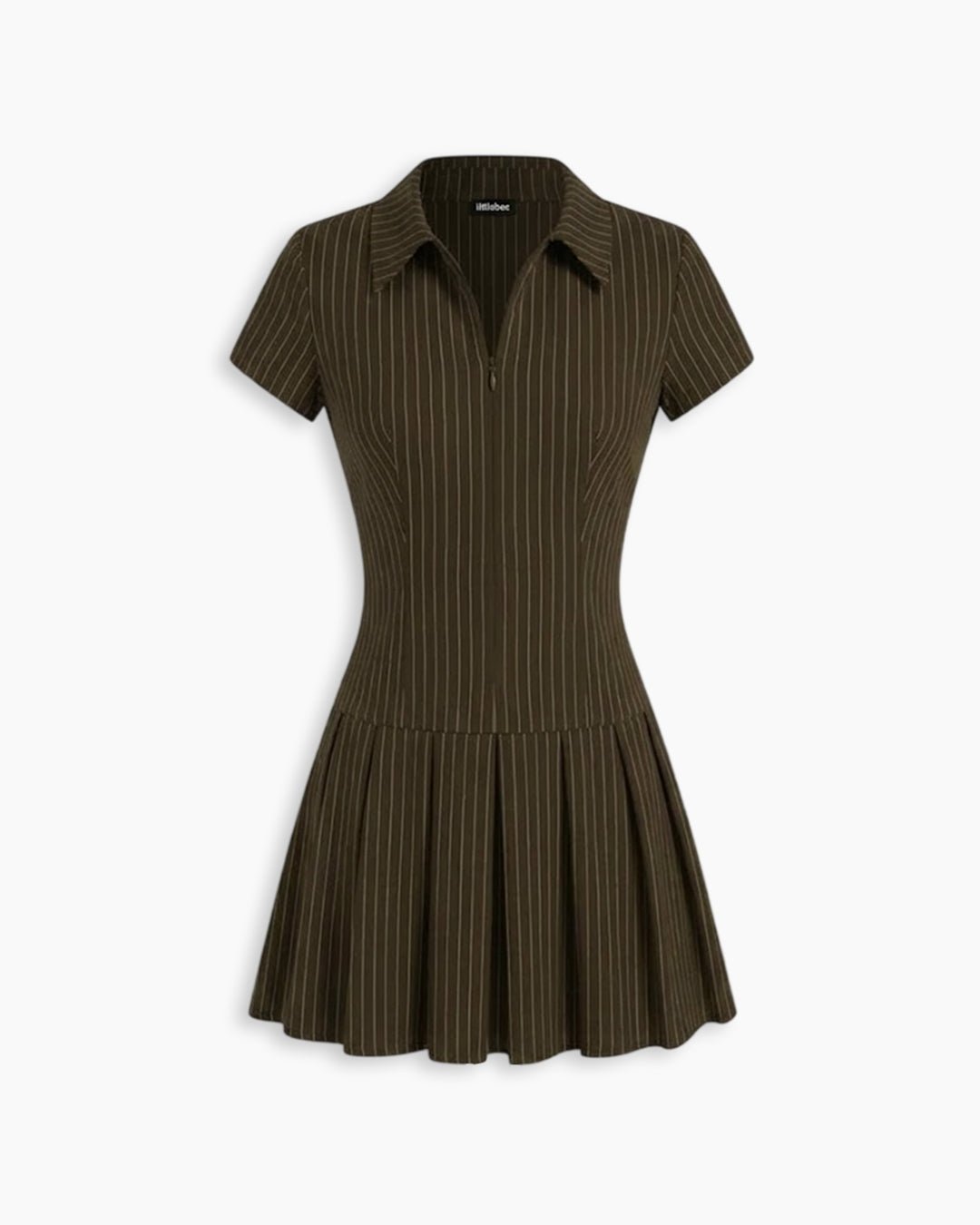 Pinstripe Zip Front Fitted Dress in Brown