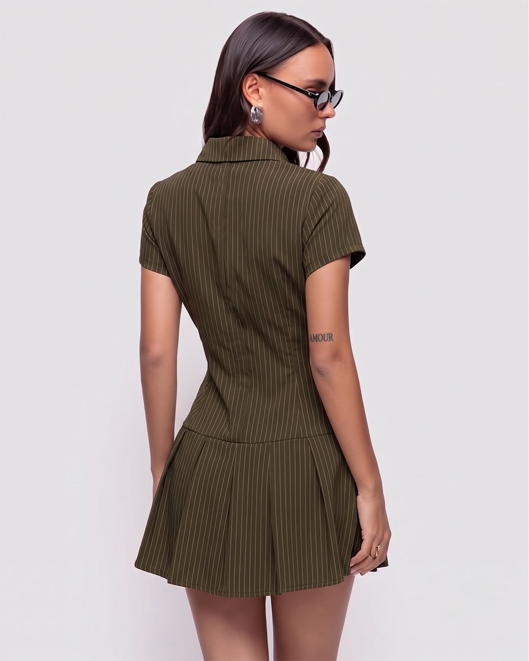 Pinstripe Zip Front Fitted Dress in Brown
