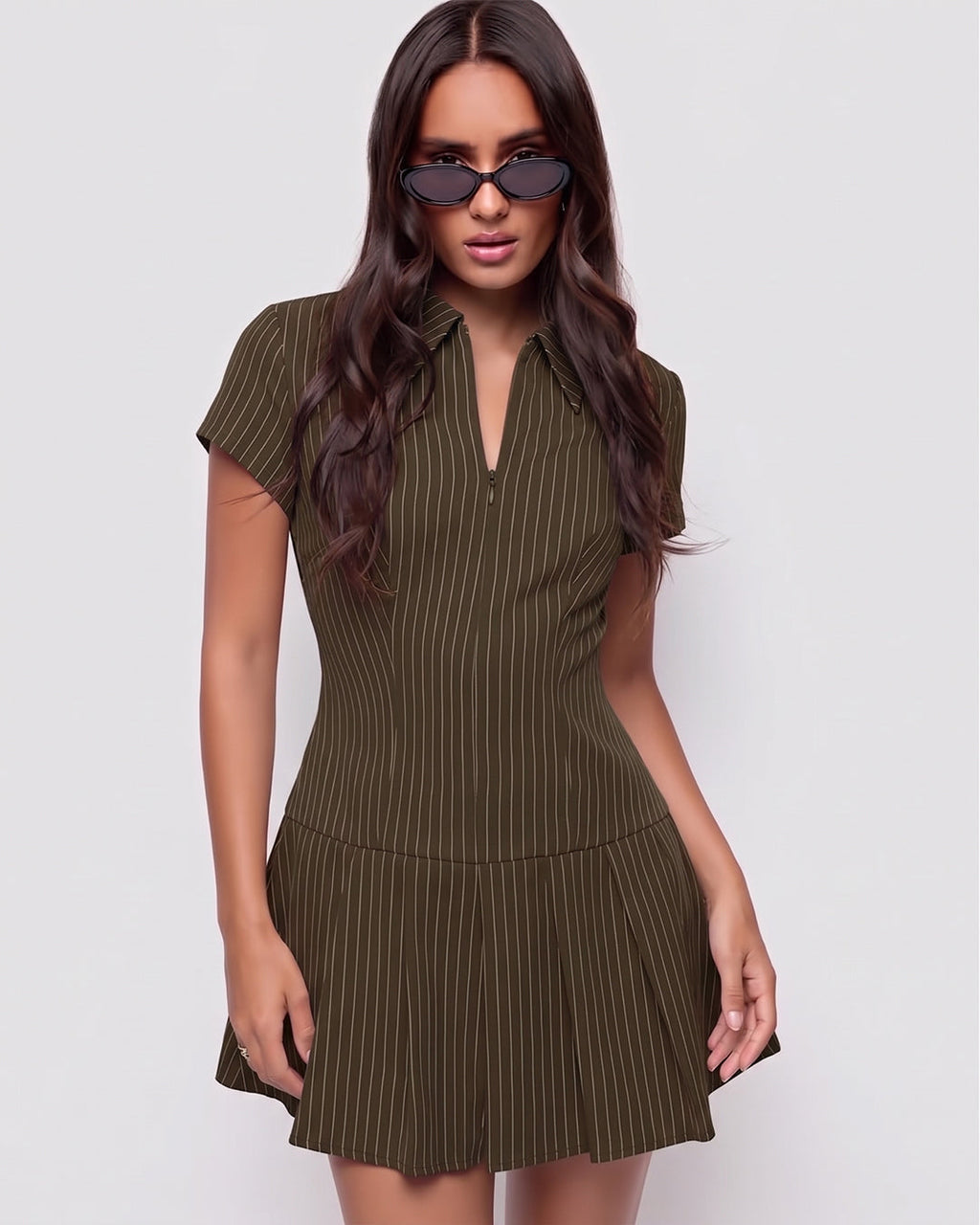 Pinstripe Zip Front Fitted Dress in Brown