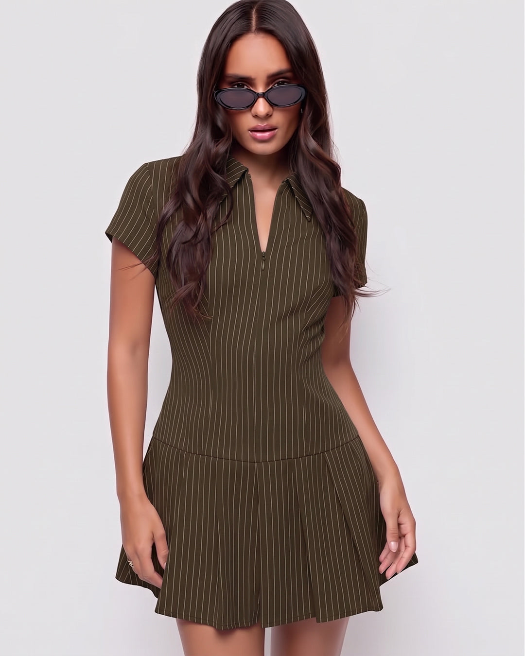 Pinstripe Zip Front Fitted Dress in Brown