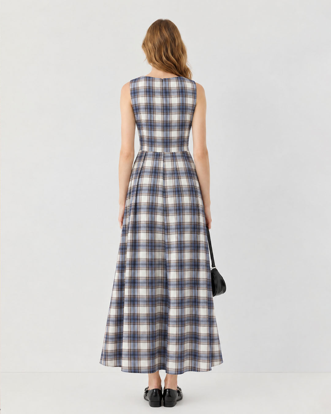 Plaid V Neck Button Front Fit and Flare Midi Dress in Grey