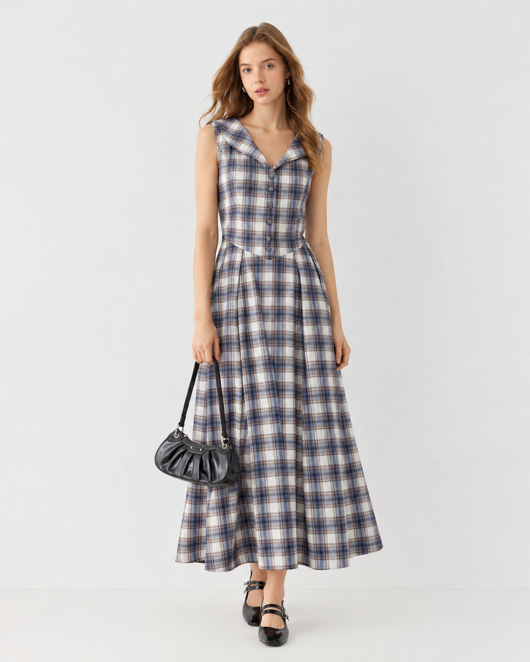 Plaid V Neck Button Front Fit and Flare Midi Dress in Grey