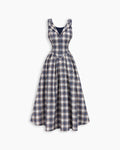 Plaid V Neck Button Front Fit and Flare Midi Dress in Grey
