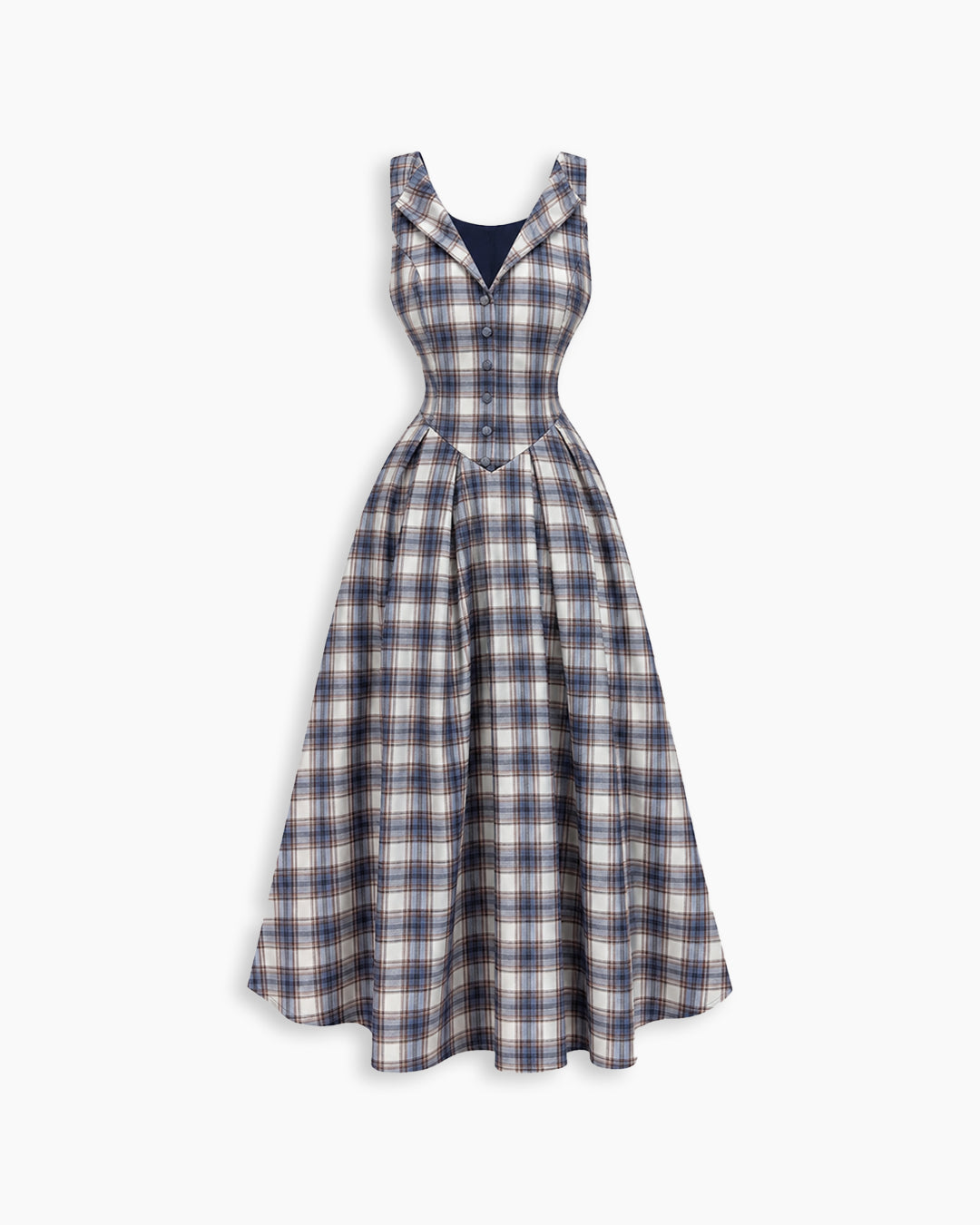Plaid V Neck Button Front Fit and Flare Midi Dress in Grey