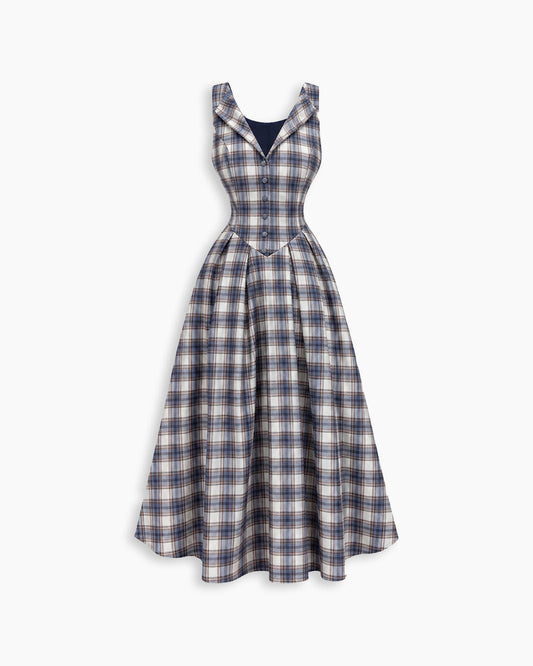 Bonus Cloth's Plaid V Neck Button Front Fit and Flare Midi Dress in Grey
