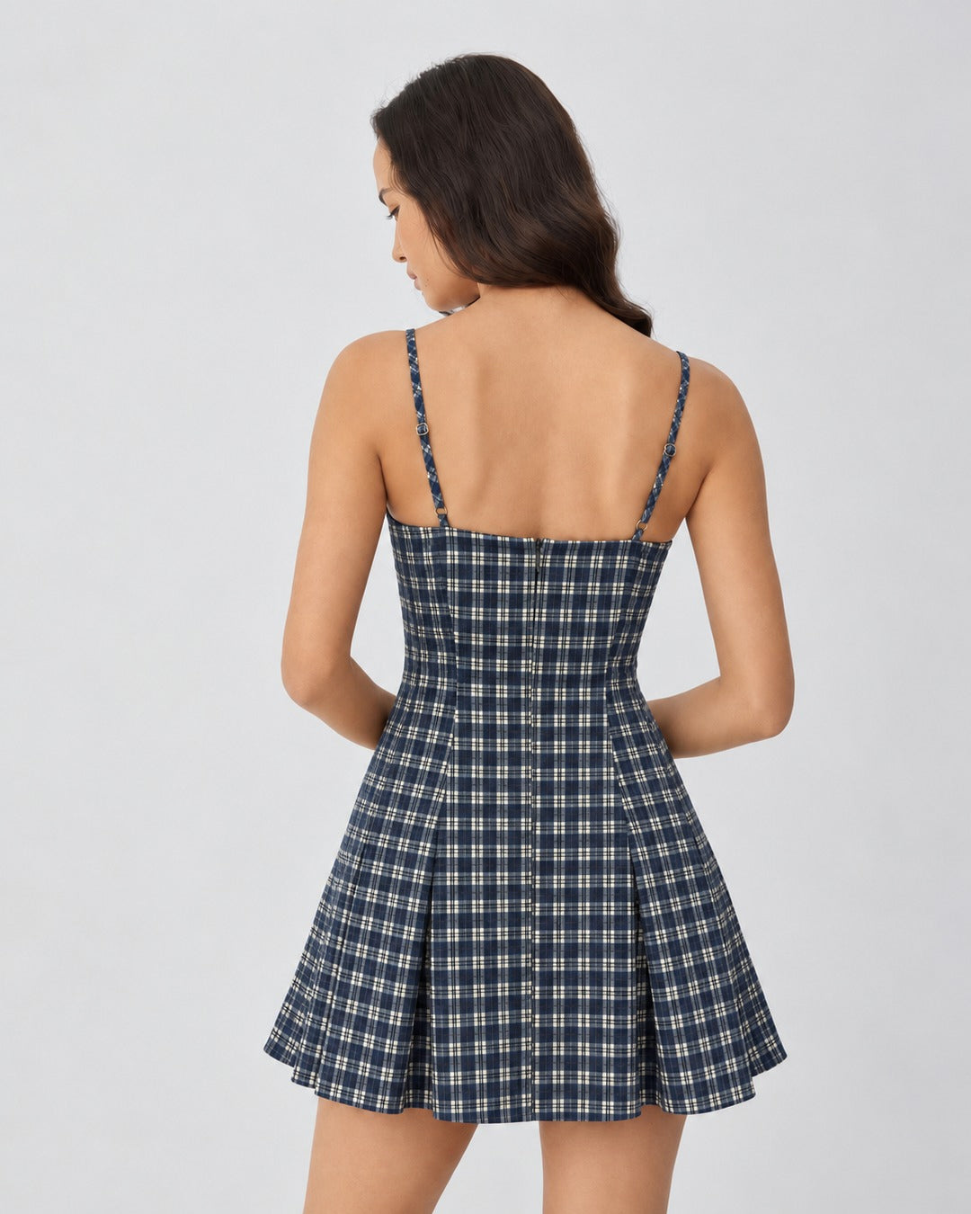 Gingham Square Neck Fit and Flare Mini Dress in Ash Grey
