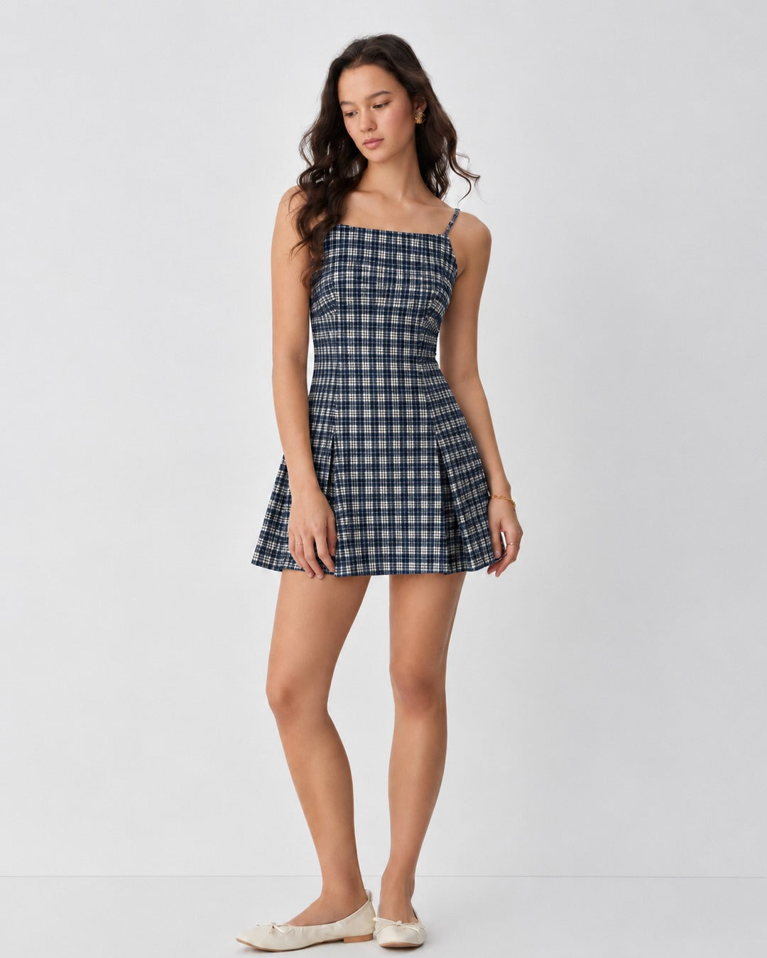 Gingham Square Neck Fit and Flare Mini Dress in Ash Grey