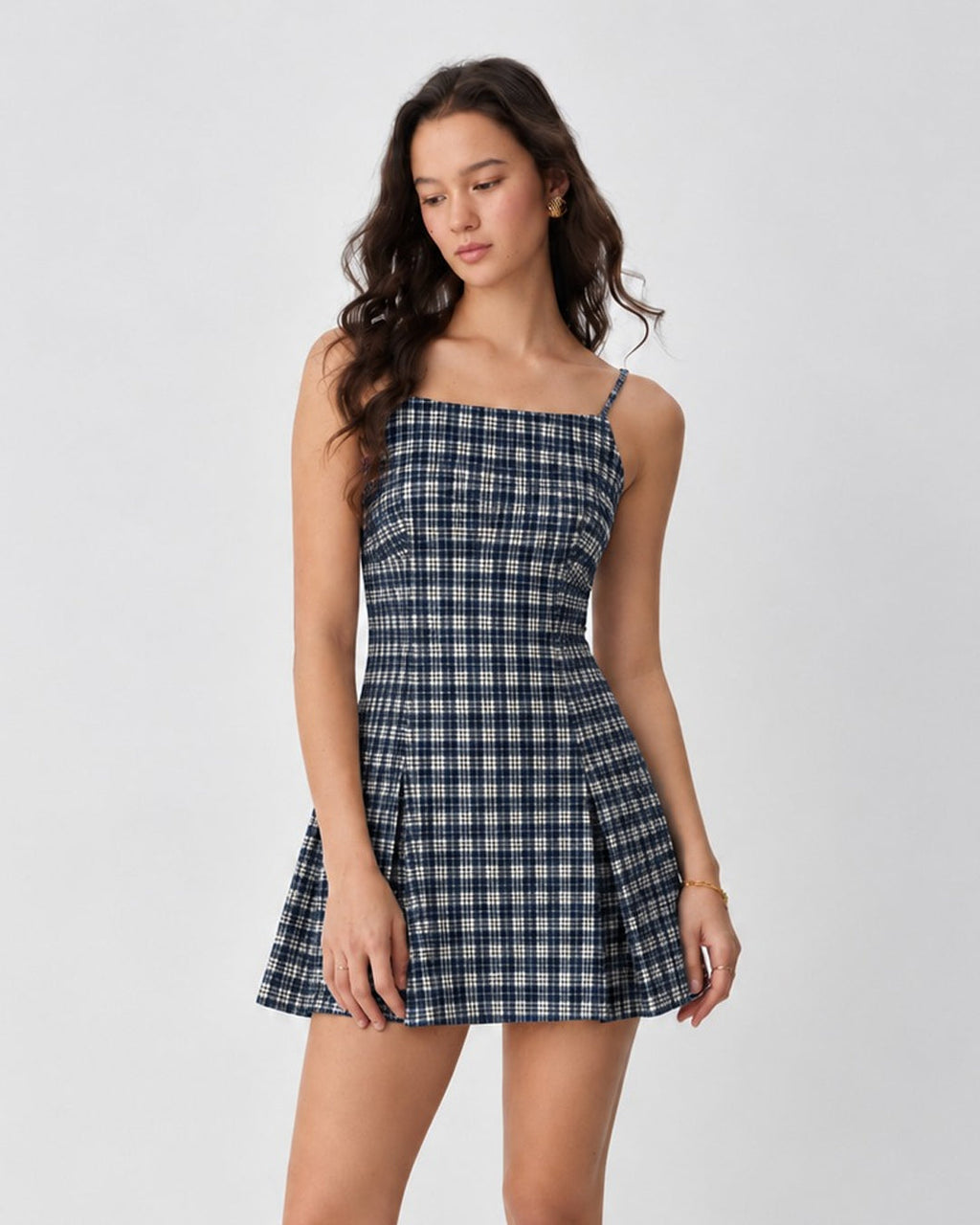 Gingham Square Neck Fit and Flare Mini Dress in Ash Grey