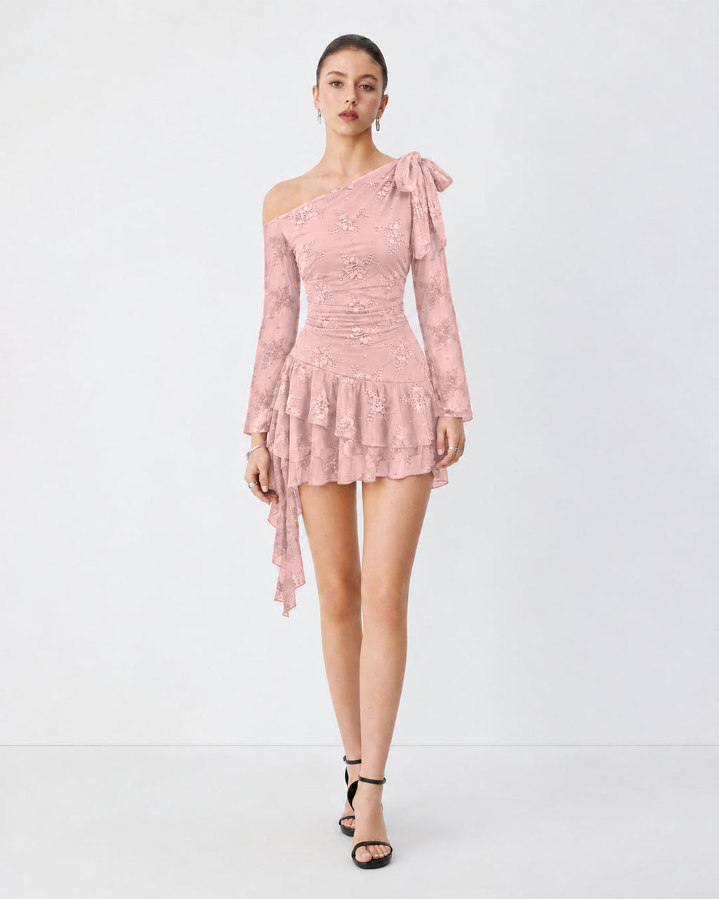 Lace Detail Floral Embroidered One Shoulder Ruffle Mini Dress in Baby Pink