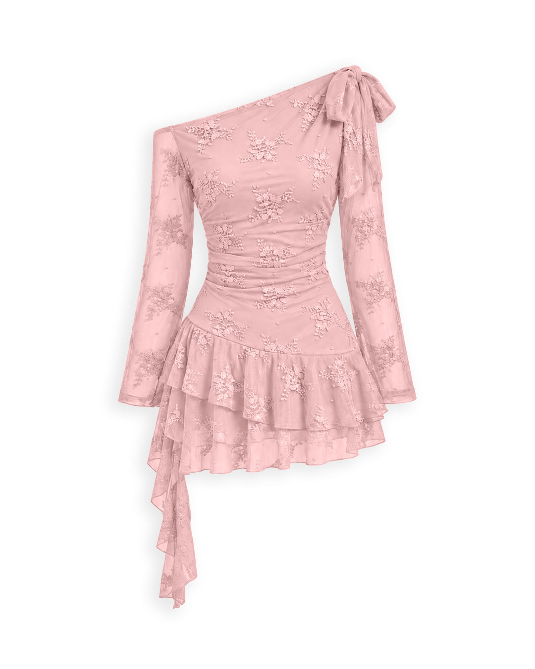 Lace Detail Floral Embroidered One Shoulder Ruffle Mini Dress in Baby Pink