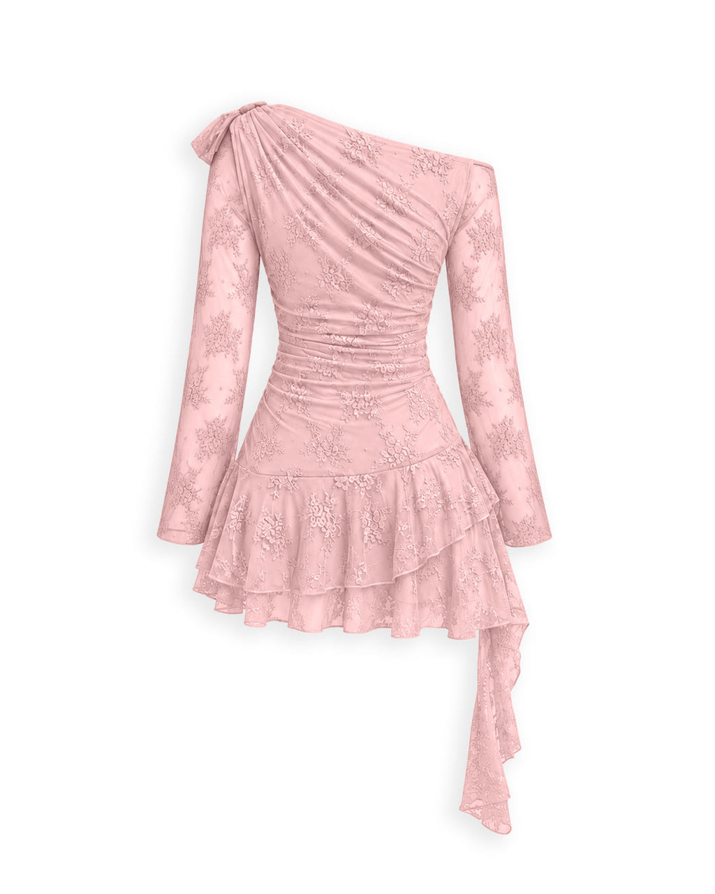 Lace Detail Floral Embroidered One Shoulder Ruffle Mini Dress in Baby Pink
