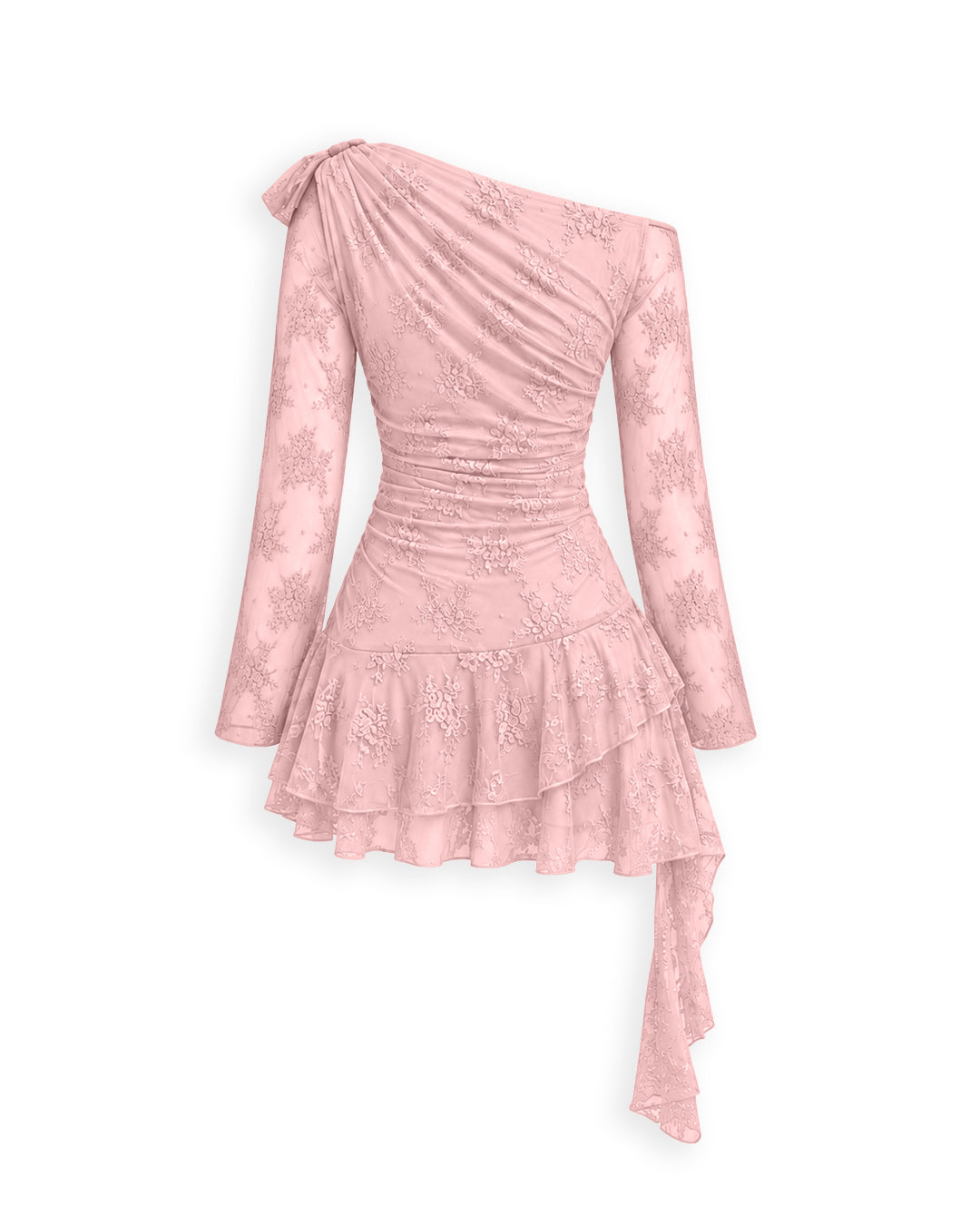 Lace Detail Floral Embroidered One Shoulder Ruffle Mini Dress in Baby Pink