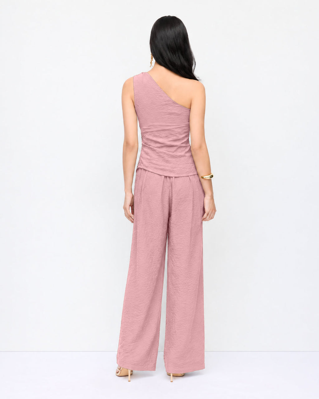 Asymmetric Ruched One Shoulder Co-Ord Set in Dusty Pink