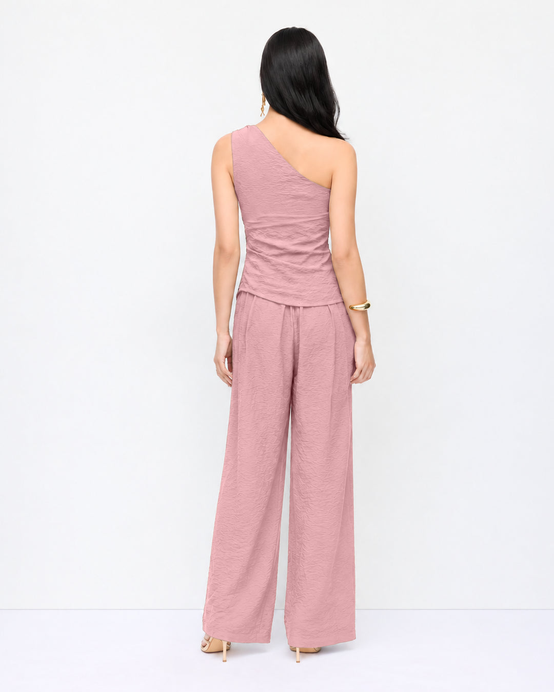 Asymmetric Ruched One Shoulder Co-Ord Set in Dusty Pink