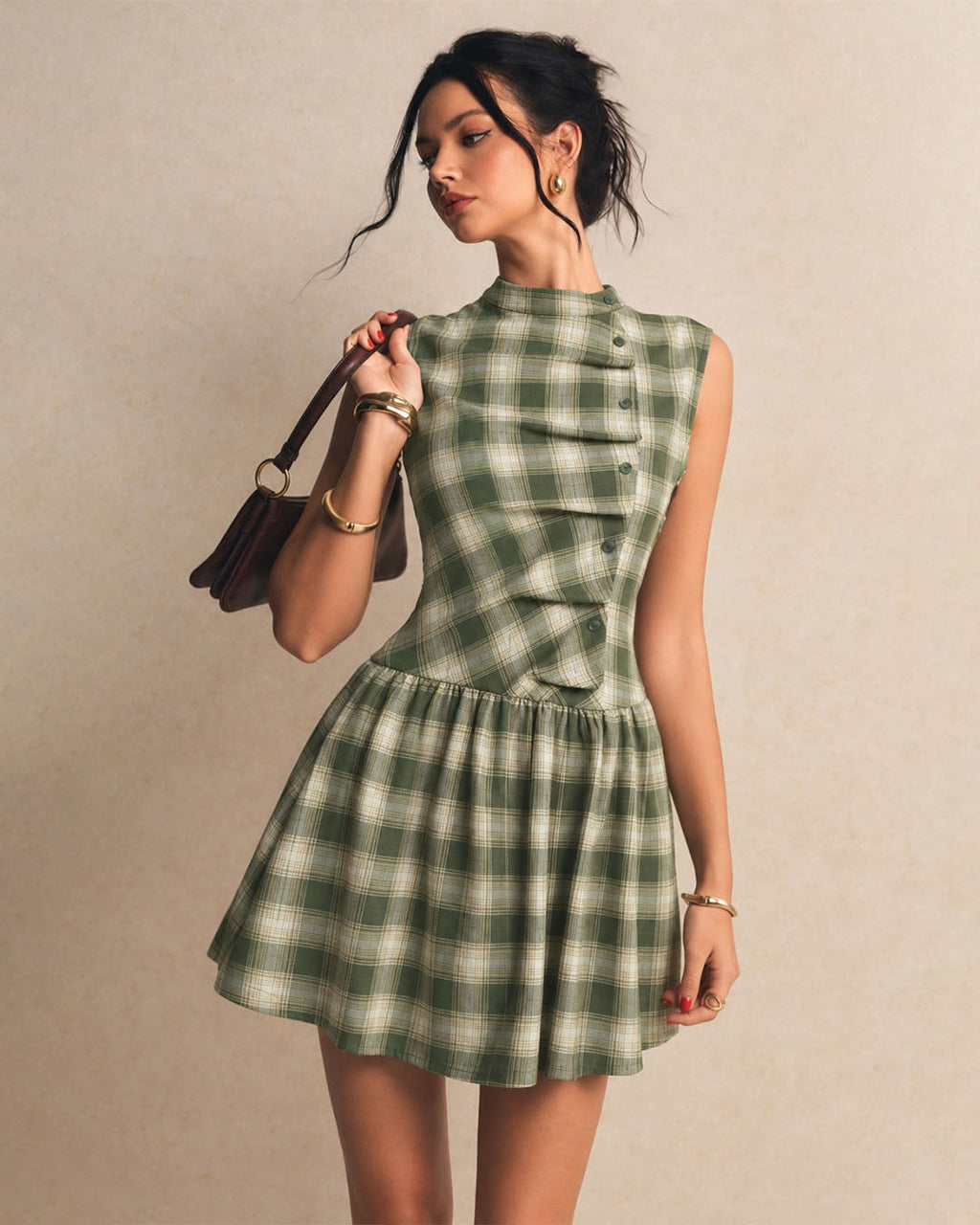 Plaid Mock Neck Button Detail Fit and Flare Mini Dress in Olive Green