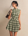 Plaid Mock Neck Button Detail Fit and Flare Mini Dress in Olive Green