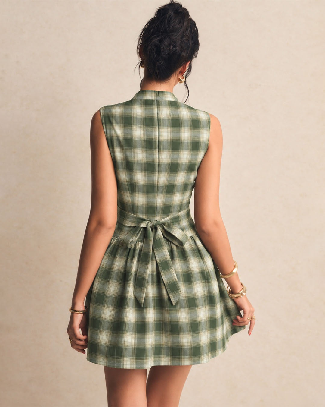 Plaid Mock Neck Button Detail Fit and Flare Mini Dress in Olive Green