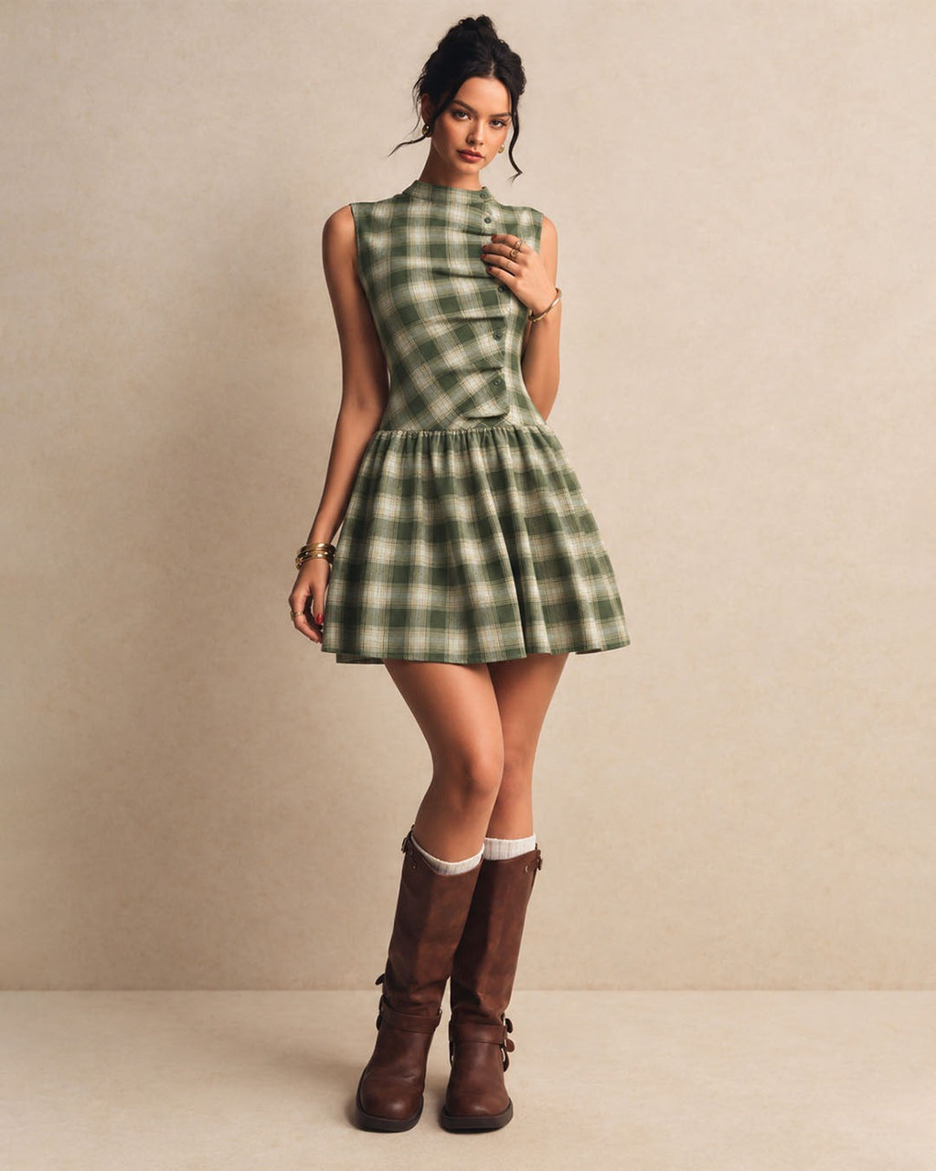 Plaid Mock Neck Button Detail Fit and Flare Mini Dress in Olive Green